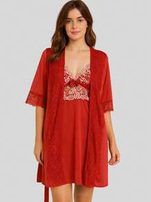 Luxury Romantic And Lace Robe Comfortable Bathrobe Night Line Bride And Maternity - Rojo - Ver 1