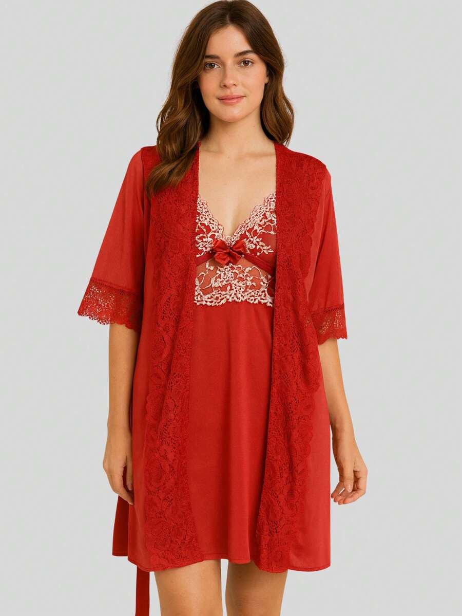 Luxury Romantic And Lace Robe Comfortable Bathrobe Night Line Bride And Maternity - Rojo - Ver 1