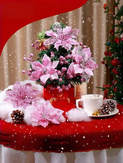 6 piezas - Flores de Nochebuena con purpurina y clips, decoraciones navideñas de Nochebuena artificial, flores de Nochebuena ornamento para Navidad, Año Nuevo, boda y decoración del hogar