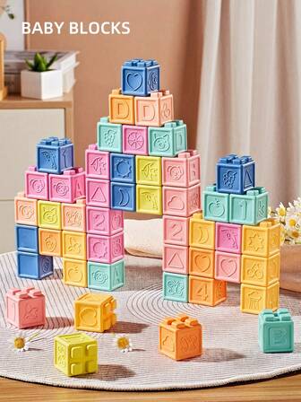 婴儿积木、幼儿积木、婴儿堆叠和建筑玩具、8/16/24 块柔软益智积木 - 数字、形状、婴儿洗澡用积木、颜色、动物 - 一二挤压 - 6 个月以上、1-3 岁幼儿堆叠玩具、颜色随机