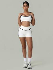 女士瑜伽跑步运动文胸和短裤两件套，春夏款 - 白色 - 查看 3
