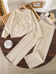 Lurzo 2pcs Girls Ditsy Floral Crew Neck Long Sleeve Sweatshirt And Loose Casual Pants Set - An Ideal Choice For Everyday Wear In Spring, Autumn And Winter - Apricot - View 2