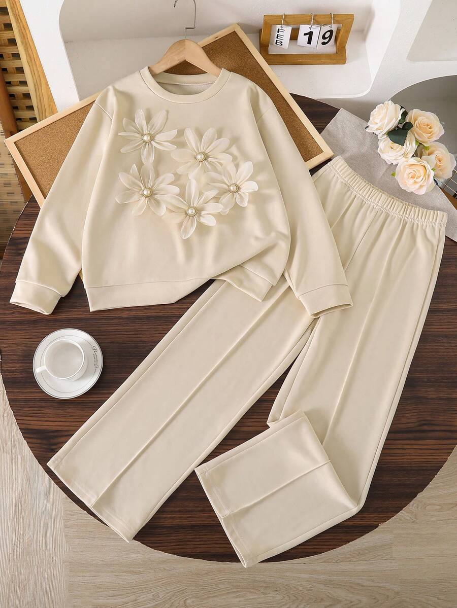 Lurzo 2pcs Girls Ditsy Floral Crew Neck Long Sleeve Sweatshirt And Loose Casual Pants Set - An Ideal Choice For Everyday Wear In Spring, Autumn And Winter - Apricot - View 1