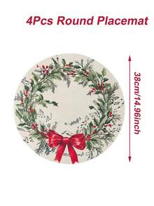 4Pcs Vintage Christmas Round Linen Placemats,Merry Christmas Dining Table Mats With Xmas Musical Symbols, Berry Green Leaf & Red Bow Wreath Design,Western Meal Table Pad,Christmas Party Decor,Christmas Decorations For Home,Xmas Decor,Kitchen Decor,Tabletop Decor,Holiday Party Supplies,Coffee Table Decor,Restaurant Supplies,Winter Decorations,New Year Party Supplies
