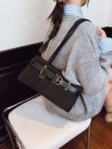 Fashionable Versatile Casual Shoulder Bag With Metal Buckle Strap, Premium Minimalist Underarm Bag, Commuter Handbag, Baguette Bag, Suitable For Commuting, Shopping, Travel And Outings - Black - View 2