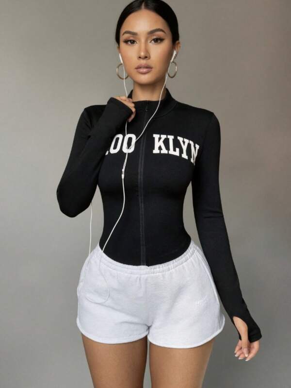 Moletom Esportivo Feminino de Cor Sólida com Estampa de Letra, Adequado para Ir e Voltar do Trabalho e Exercícios, Outono