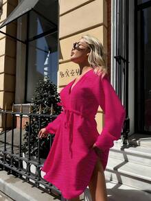 Women's Solid Color Casual Elegant Knotted Drawstring Maxi Dress, Suitable For Vacation, Party, Date, Autumn