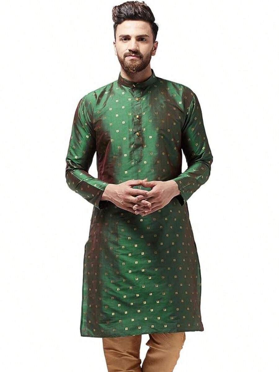 (Since 1958 Men'S Silk Blend Printed Long Kurtahalloween - 墨綠色 - 查看 1