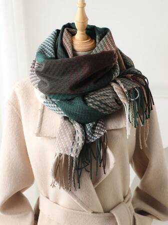 1pc Fall Winter Women Elegant Vintage Multi Color Plaid Stripe Jacquard Faux Cashmere Scarf/Shawl,With Tassels, Winter Warm Casual Thick Style Neck Scarf For Dress