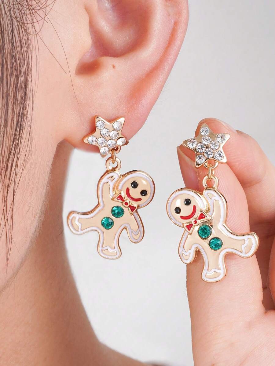 2pcs/Set Rhinestone Santa Claus, Christmas Tree, Reindeer Stemware, Gingerbread Man, Bowknot , Gold Pendant Earrings, Christmas Gift