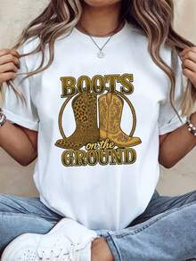 Boots On The Ground Print Oversized Cotton T-Shirt, Soft And Fashionable Casual Short-Sleeved Crew Neck Top, 220g
