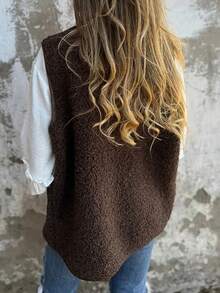 Women's Casual Solid Color Button Real Pocket Open Front Sleeveless Faux Fur Vest, Autumn/Winter - Multicolor - View 2