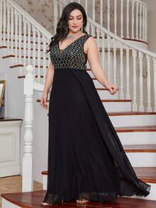 UNITHORSE Damen Große Größen Tiefer V-Ausschnitt Ärmellos Pailletten Patchwork Chiffon Partykleid