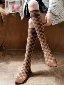 1 Pair Women's Autumn/Winter Warm Knee,High Socks, Checkerboard Pattern, Versatile &, Cozy Socks - Multicolor - View 8