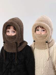 婴儿帽子冬秋季保暖帽围巾-可爱厚毛绒套头帽儿童防风防寒 - 彩色 - 查看 5