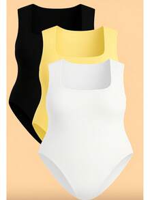Kit 3 Bory Plus Size Body Bori Tank Top Thick Strap Closed Back Second Skin Fresh Fashion Spring Summer Timeless Clothes Large - 黑/白/黃 - 查看 2