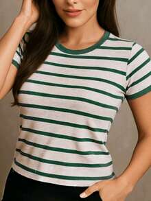 Women's T-Shirt Babe Look Striped Round Neck Basic  Premium Summer Fashion - 軍綠色 - 查看 2