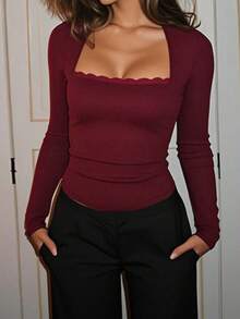 Onicee 女式时尚蕾丝边方领长袖衬衫，秋季 - 酒紅色 - 查看 13