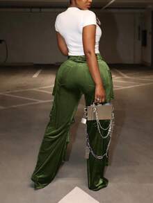 Women's Velvet Cargo Pants Stretchy High Waist Straight Leg Casual Baggy Solid Y2K Trousers With Multiple Pockets - 綠色 - 查看 5