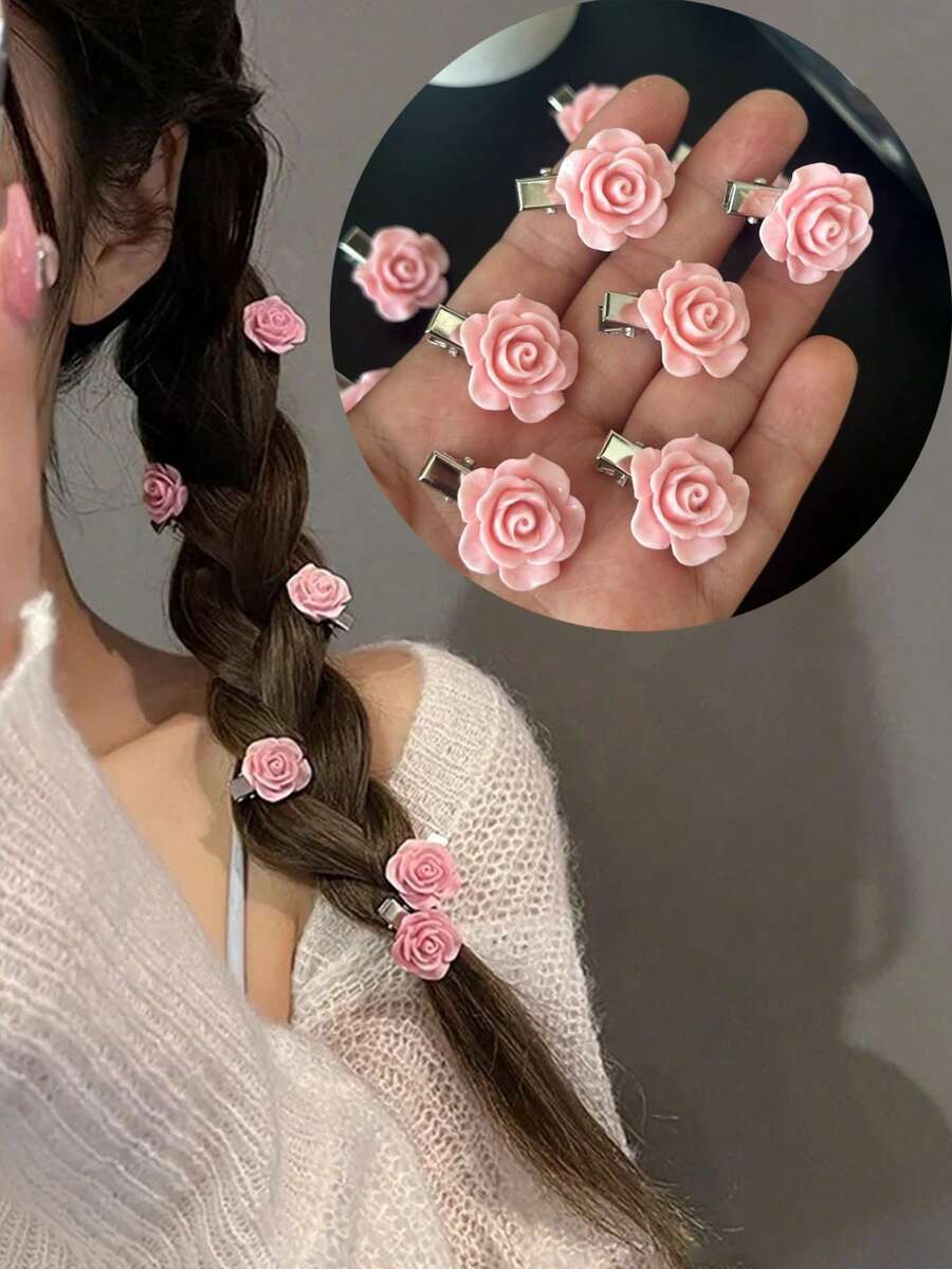 10Pcs Pink Rose Hair Clips For Girl Small Flower Hairpins Girls Elegant Hair Clip Pin Barrettes Wedding Hair Accessories ﻿ - Pink - View 1