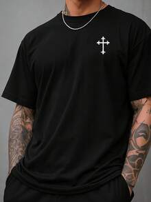 Men's Round Neck T-Shirt 100% Cotton Shirt 30.1 Yarn Blouse Comfortable Shirt Religious Print Cool Shirt Various Colors - 黑色 - 查看 2
