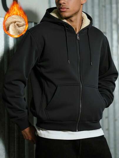 男士长袖休闲纯色极简风连帽外套，带保暖内衬，适合冬季和秋季穿着。