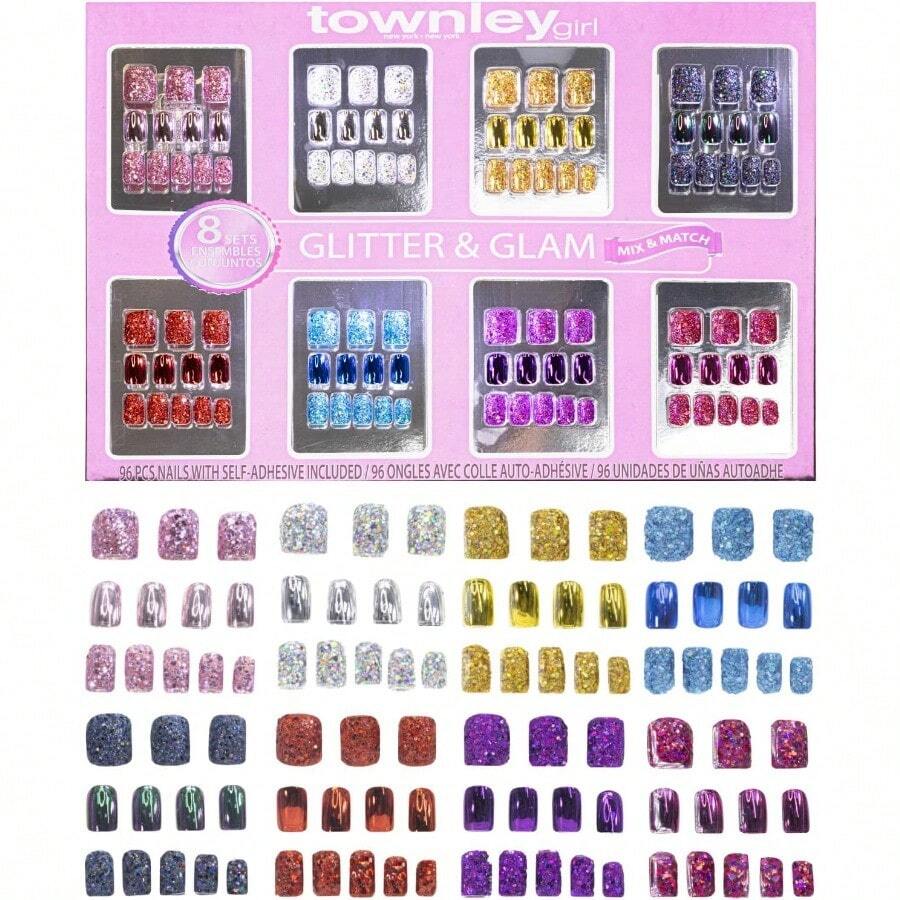Townley Girl 96 piezas GlitterGlamup and Metallic PressOn Nails Set para niños con prepegamento Kit de puntas de uñas accas de cortura completa ideal para alos - Rosa - Ver 1