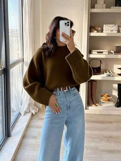 Women's Solid Color Crew Neck Casual Knit Sweater