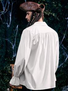 男士长袖万圣节海盗服装中世纪褶皱衬衫，蒸汽朋克维多利亚时代角色扮演，哥特文艺复兴维京衬衫上衣 - 白色 - 查看 4