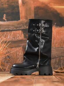 Retro Women's Black Boots, Thick-Soled Mid-Tube Zipper Boots, Fashionable Round-Toed Thick-Heeled Buckled Trouser Boots Suitable For Matching Shorts, Skirts And Jeans - màu đen - Xem 4