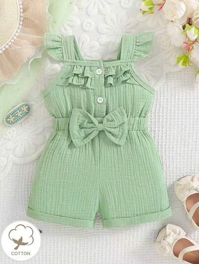 جمبسوت قطنية ناعمة للأطفال البنات مع كشكش وفيونكة وديكور أنيق، مريحة وعصرية للصيف