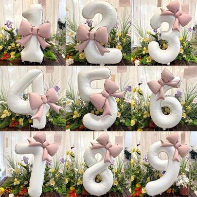 2个大号白色数字气球0-9，配粉色蝴蝶结铝箔气球套装，适用于生日派对、聚会装饰、周年纪念、节日庆典、户外派对、氛围营造、照片装饰气球供应。周年纪念、户外派对装饰、装饰气球、时尚派对装饰、可重复使用装饰、优质铝箔、庆典气球、照片背景、派对组织者、活动策划者