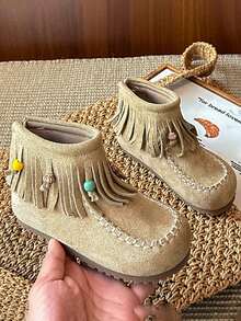 1 Pair Autumn/Winter New Retro Velvet Children Boots, Girls Korean Version Tassel Short Boots With Back Zipper, Princess Shoes