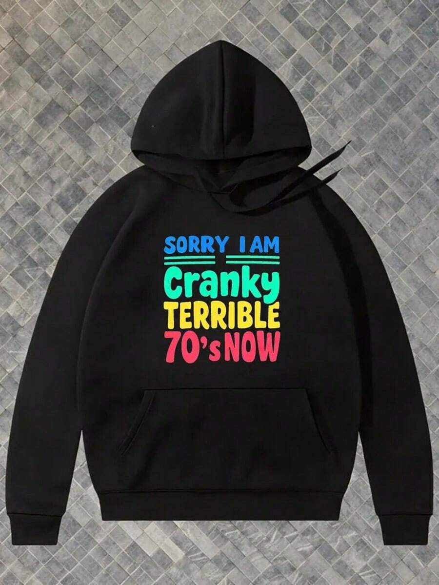 Men'S Black Retro 70s Graphic Hoodie - "Sorry I Am Cranky Terrible 70'S Now" Vintage Print, Soft Pullover Sweatshirt With Bold 70s Color Block Lettering, Streetwear Casual Hooded Sweatshirt For Men & Teens, Autumn/Winter Urban Style Statement Piece,Fall Hoodies,Men's Fall Clothes,Street Wear,Halloween,Mens Hoodies,Y2k Clothes,Jesus Hoodie,Thanksgiving Day,Nightmare Before Christmas,Christmas - 黑色 - 查看 1