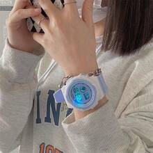 1pc Round White & Sky Blue Contrast Color Soft Plastic Strap Men's Watch, With Week Alarm Date Chronograph Luminous Digital Electronic Watch Suitable For Casual, Campus Life And Light Sports