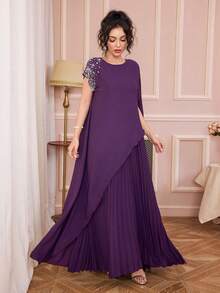 Solessence Đầm nữ màu trơn cổ tròn xếp ly bất đối xứng, tay áo nhún bèo đính ngọc trai giả, kiểu dáng thanh lịch dài, vai rớt, tay bồng, tay ngắn, 2 trong 1. - Màu tím - Xem 4