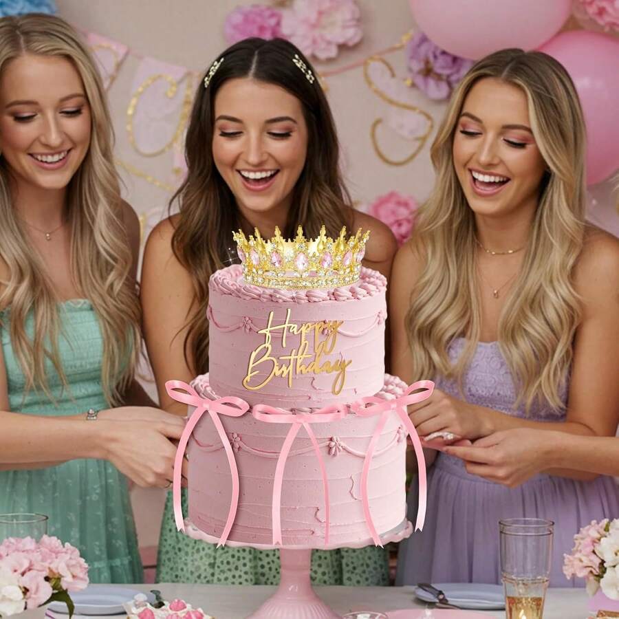 Women's Golden Crown Headband Set, Crystal Queen Headwear, Wedding Bride Headwear, Birthday Party, Ball, Cake Decoration, Halloween, Christmas (With Crown Headwear + Birthday Candles And Cake Decoration Cards) - Multicolor - View 1