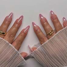 Nude Press On Nails Almond Shaped Fake Nails Medium Glossy Stick On Nail Natural Full Cover False Nail Acrylic Glue On Nails For Women - L-粉紅色漸層色 - 查看 3