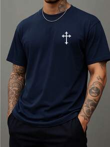 Men's Round Neck T-Shirt 100% Cotton Shirt 30.1 Yarn Blouse Comfortable Shirt Religious Print Cool Shirt Various Colors - 藏蓝色 - 查看 2