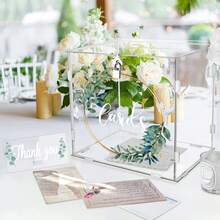 1 set cutie poștală acrilică pentru nuntă cu încuietoare, cutie poștală acrilică pentru nuntă cu coroană de eucalipt aurie, cutie pentru plicuri de bani pentru nuntă, potrivită pentru nuntă, logodnă, ziua de naștere, petrecere de absolvire, decorare de petrecere cu cadouri de botez