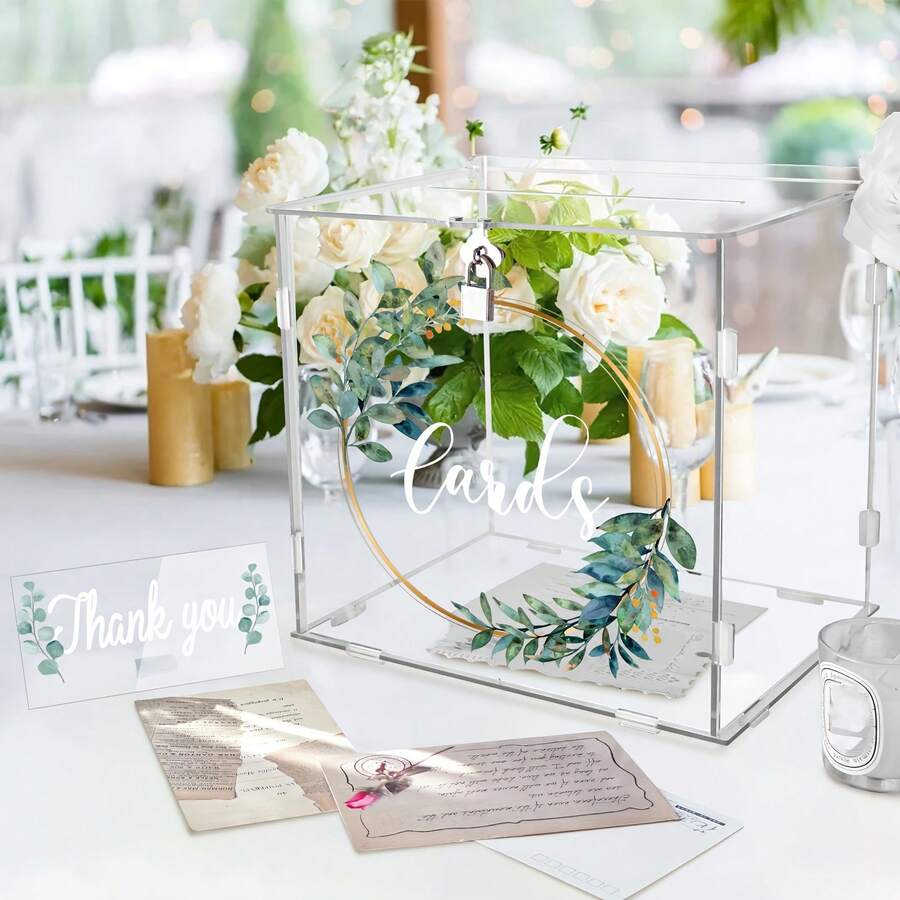 1 set cutie poștală acrilică pentru nuntă cu încuietoare, cutie poștală acrilică pentru nuntă cu coroană de eucalipt aurie, cutie pentru plicuri de bani pentru nuntă, potrivită pentru nuntă, logodnă, ziua de naștere, petrecere de absolvire, decorare de petrecere cu cadouri de botez