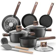 Topfset Pfannenset 11-teiliges - Kochtopf Set Induktion Antihaft-Kochgeschirröpfe Set aus Aluminium, Pfanne 20/28cm, Tiefe Bratpfanne 24cm, Kochtöpfe mit Deckel 16/20/24cm, PFOA-, PFOS-frei Topbooc 6XLN - S - Übersicht 8
