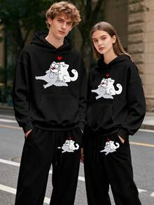 (2PC) Couple's Set Of Fashionable And Casual Printed Hoodies And Sweatpants For Both Men And Women, Autumn And Winter Men's Sportswear, Fashionable And  Sportswear Printed, Suitable For Casual Outdoor Sports And Holiday Gift Giving.Kitten - 女士-黑色 - 查看 1