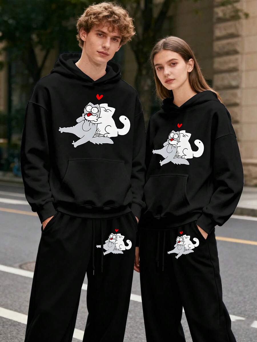 (2PC) Couple's Set Of Fashionable And Casual Printed Hoodies And Sweatpants For Both Men And Women, Autumn And Winter Men's Sportswear, Fashionable And  Sportswear Printed, Suitable For Casual Outdoor Sports And Holiday Gift Giving.Kitten - 女士-黑色 - 查看 1