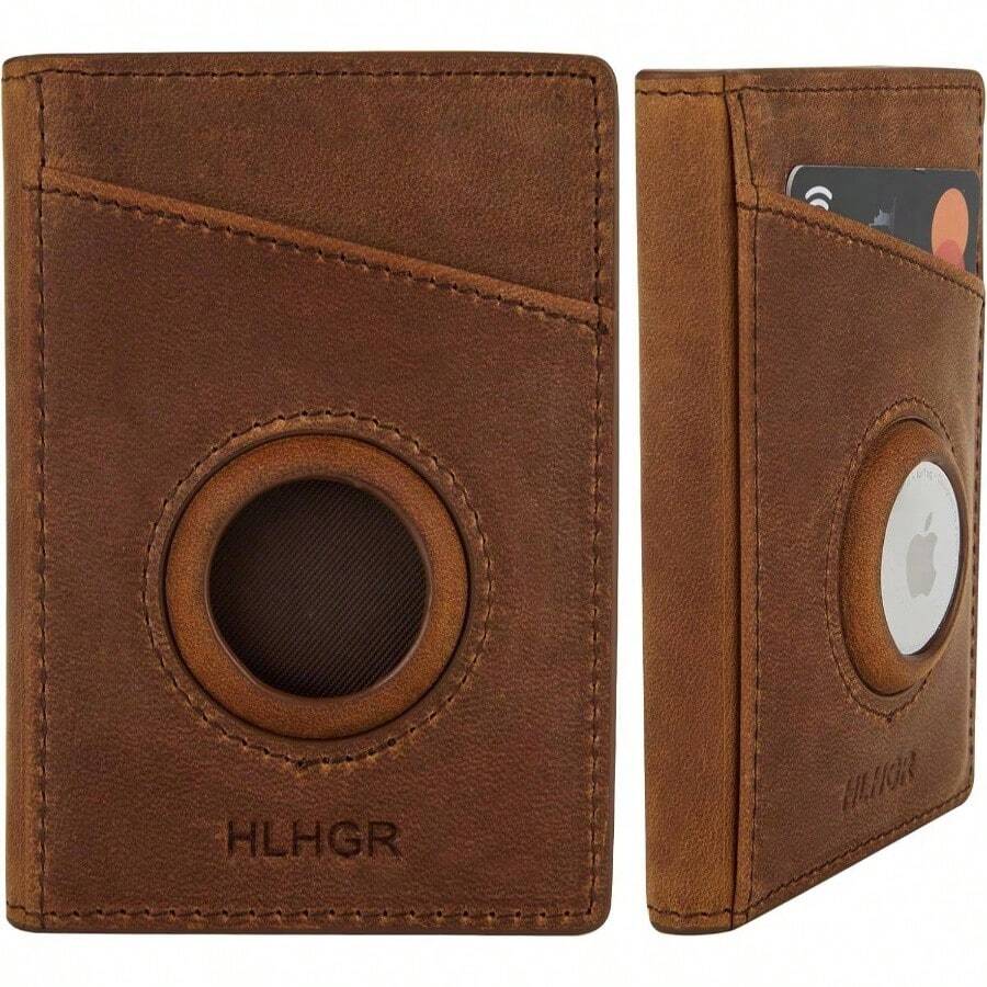 AirTag - portafolios para hombre, de piel autntica con soporte para Airtag, billetera delgada con bloqueo RFID para con caja de regalo, color caf Airtag no incluido Brown - idwindow, Minimalista - Ventana marrón-id - Ver 1