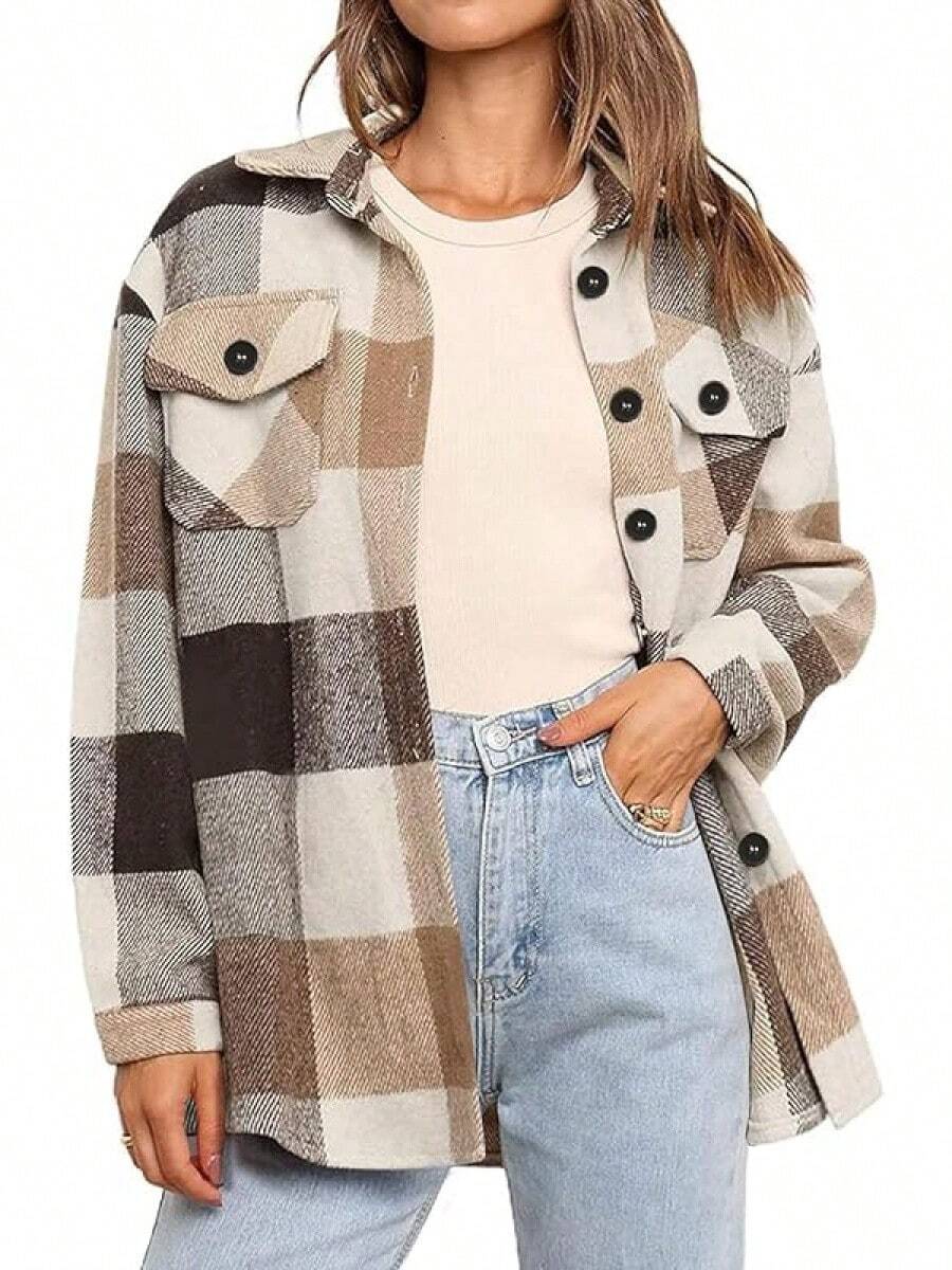 Damen Hemdjacke Karierte Hemdbluse Langarm Loose Shacket Flanell Jacke mit Knöpfen Übergangsjacke XS-XXL