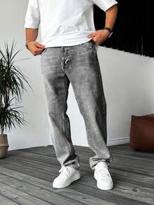 宽松无弹力直筒棉质牛仔裤，休闲水洗宽松牛仔裤，情侣款直筒宽松水洗牛仔裤，Y2K风格休闲裤，带纽扣和拉链，适合所有季节