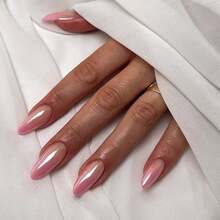 Nude Press On Nails Almond Shaped Fake Nails Medium Glossy Stick On Nail Natural Full Cover False Nail Acrylic Glue On Nails For Women - L-粉紅色漸層色 - 查看 1