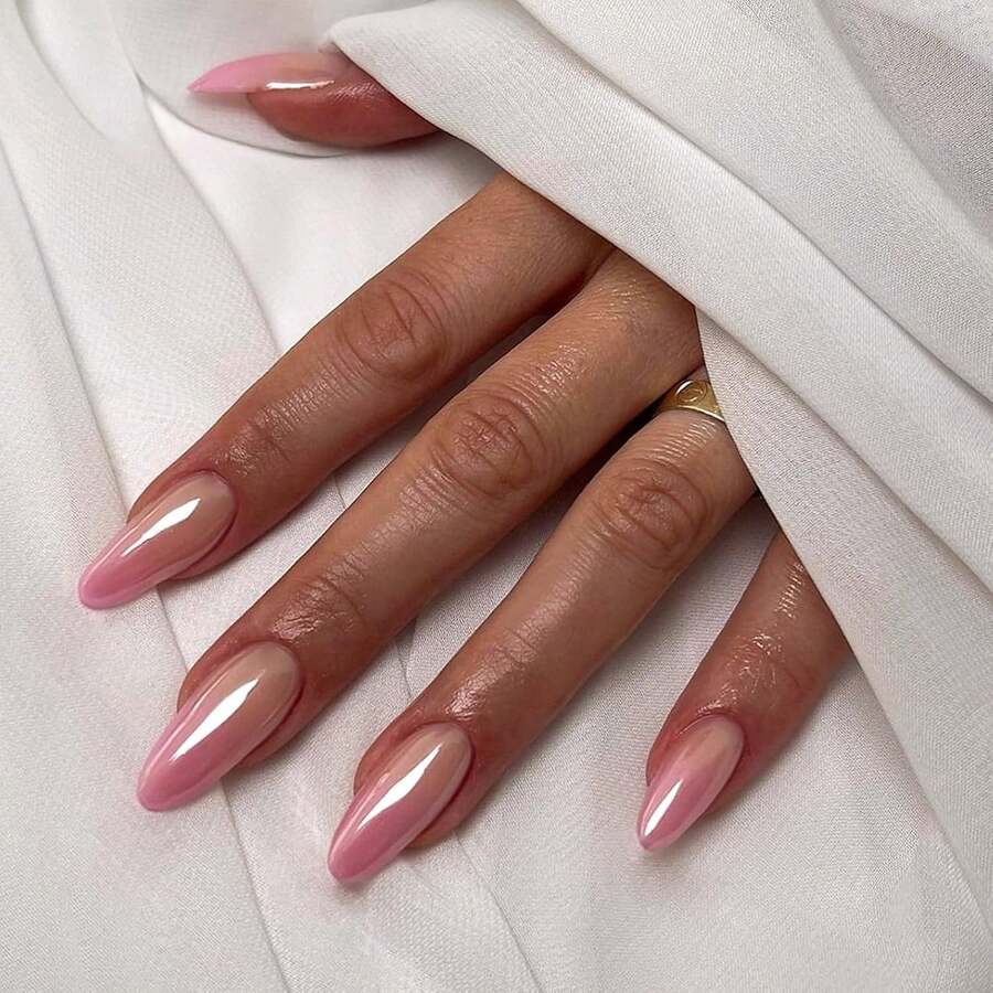 Nude Press On Nails Almond Shaped Fake Nails Medium Glossy Stick On Nail Natural Full Cover False Nail Acrylic Glue On Nails For Women - L-粉紅色漸層色 - 查看 1