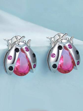 1pc S925 Sterling Silver Hypoallergenic Cubic Zirconia Ladybug Stud Earrings, Suitable For Daily Wear And Gift
